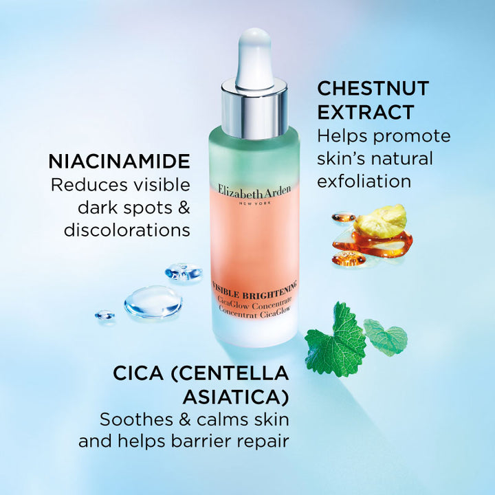 Cica Glow Ingredients- Niacinamide reduces visible dark spots and discolorations. Chestnut extract helps promote skin's natural exfoliation. Cica soothes and calms skin and helps barrier repair