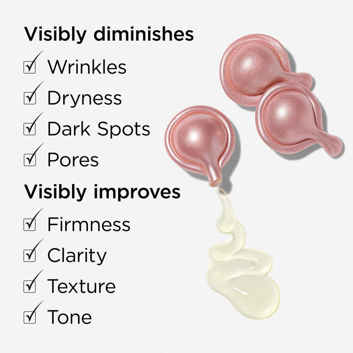 Visible diminishes wrinkles, dryness, dark spots and pores. Visibly improves firmness, clarity, texture and tone.