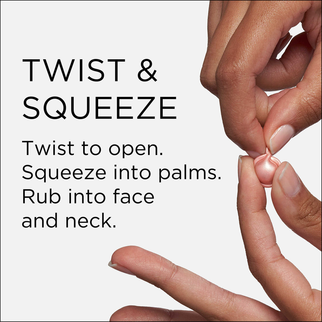 Twist and squeeze. Twist to open. Squeeze into palms. Rub into face and neck.