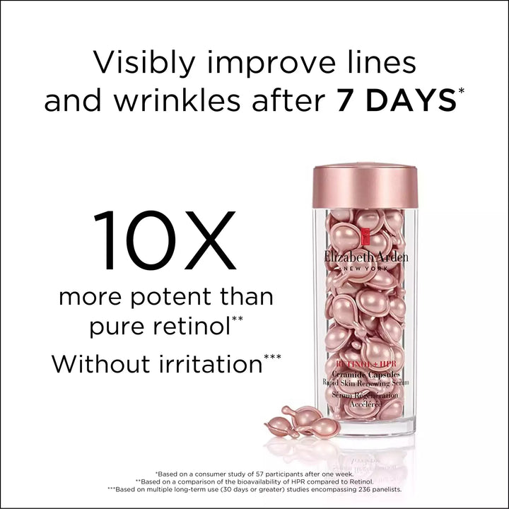 Visibly improve lines and wrinkles after 7 days* *Based on a consumer study of 57 participants. 10X more potent than pure retinol** **Based on multiple long-term use (30 days or greater) studies encompassing 236 panelists. Without irritation*** ***Based on a comparison of bioavailability of HPR compared to Retinol.