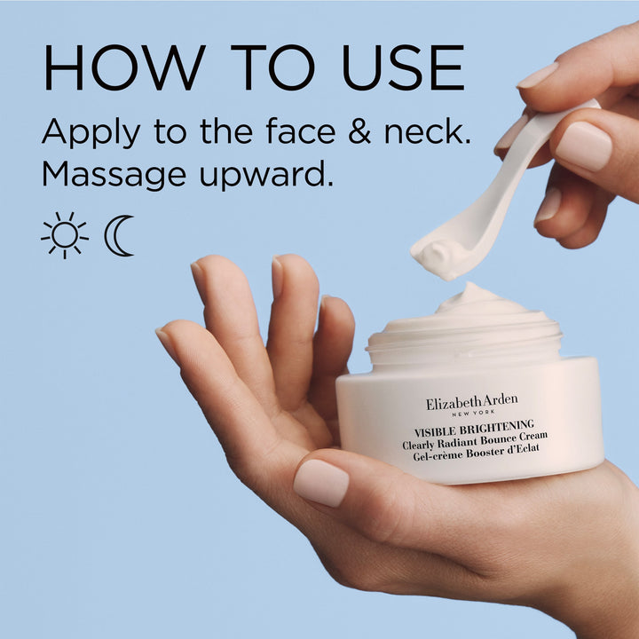 Bounce Cream- apply to the face and neck. Massage upward on Day and Night