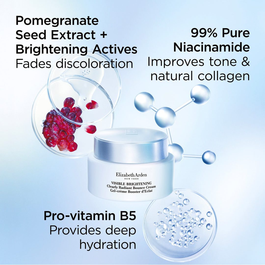 Bounce Cream Ingredients- Pomegranate Seed Extract + Brightening Actives fades discoloration. 99% Pure Niacinamide improves tone and natural collagen. Pro-vitamin B5 provides deep hydration