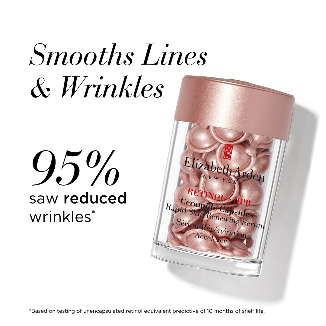 Smooths lines and wrinkles. 95% saw reduced wrinkles* *Based on testing of unencapsulated retinol equivalent predictive of 10 months of shelf life. 