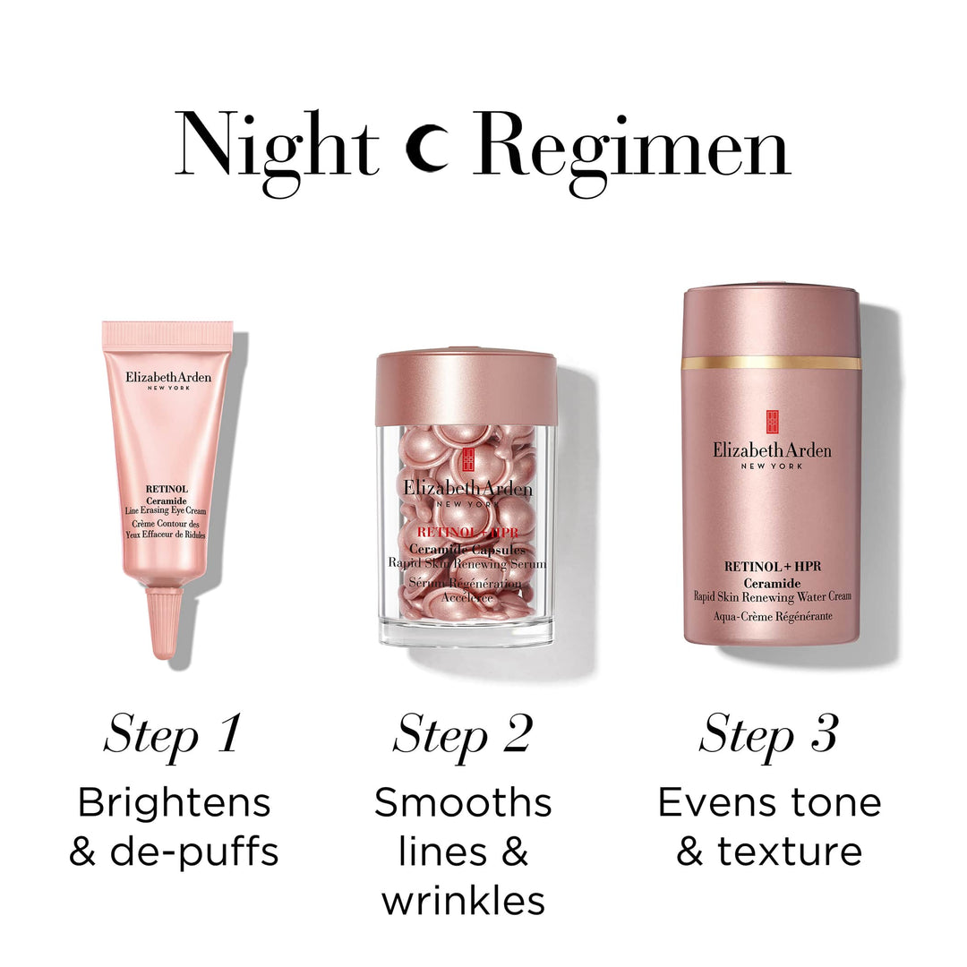 Night Regimen. 1-Brightens and depuffs. 2-Smooths lines and wrinkles. 3-Evens tone and texture