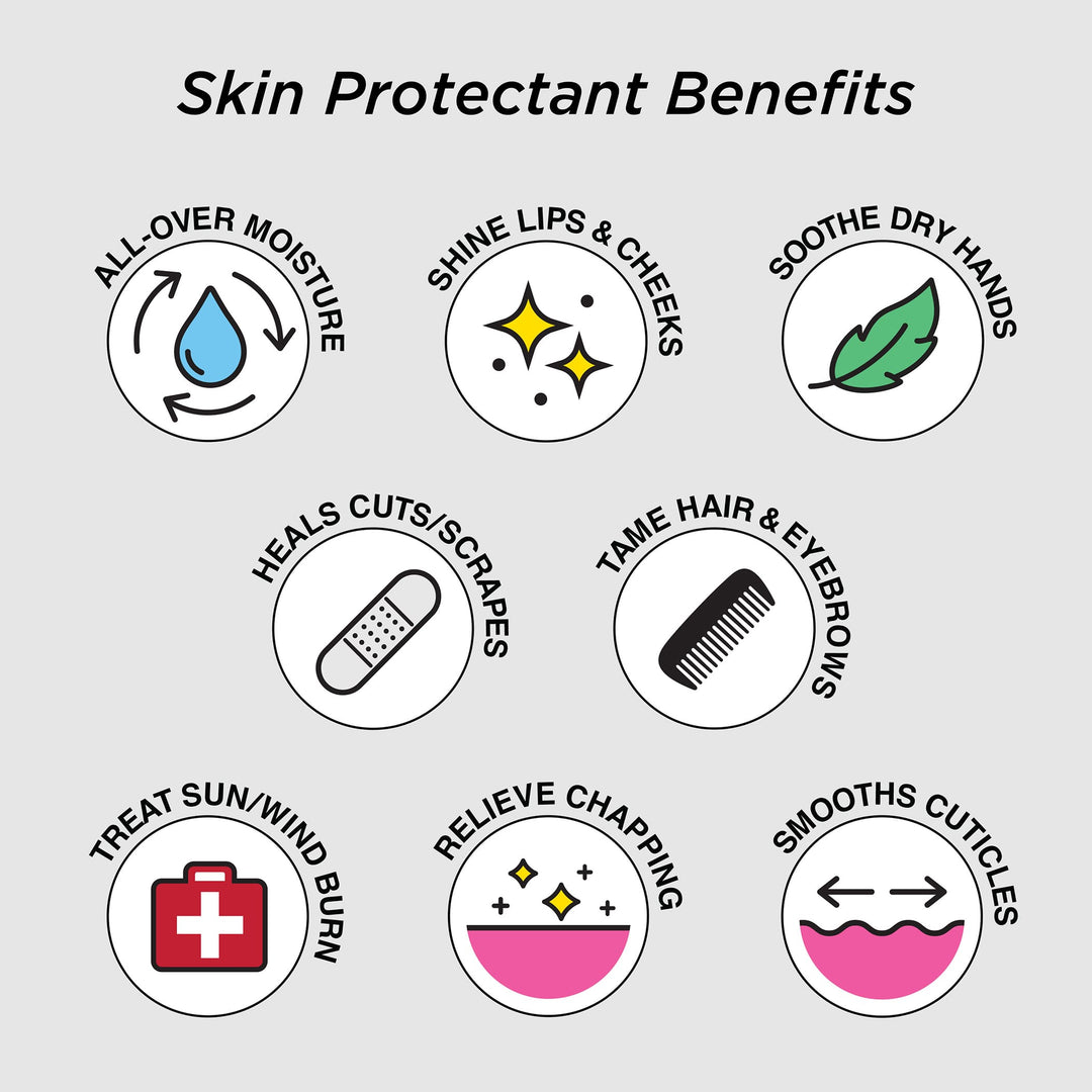 Skin Protectant Benefits- All-over moisture, shine lips and cheeks, soothe dry hands, heals cuts and scrapes, tame hair and eyebrows, treat sun/wind burn, relieve chapping and smooths cuticles