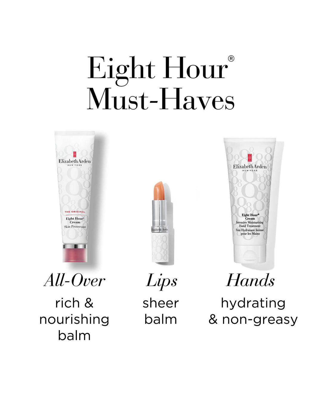 Eight Hour Must Haves- Eight Hour Skin Protectant is rich and nourishing balm. Lip protectant is a sheer balm, and hand treatment is hydrating and non greasy