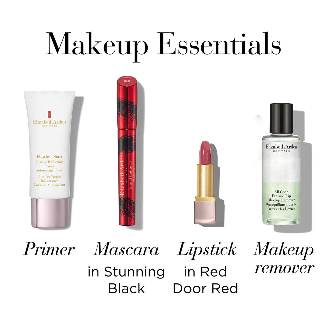 Makeup Essentials- Primer, mascara in stunning black, lipstick in red door red, and makeup remover