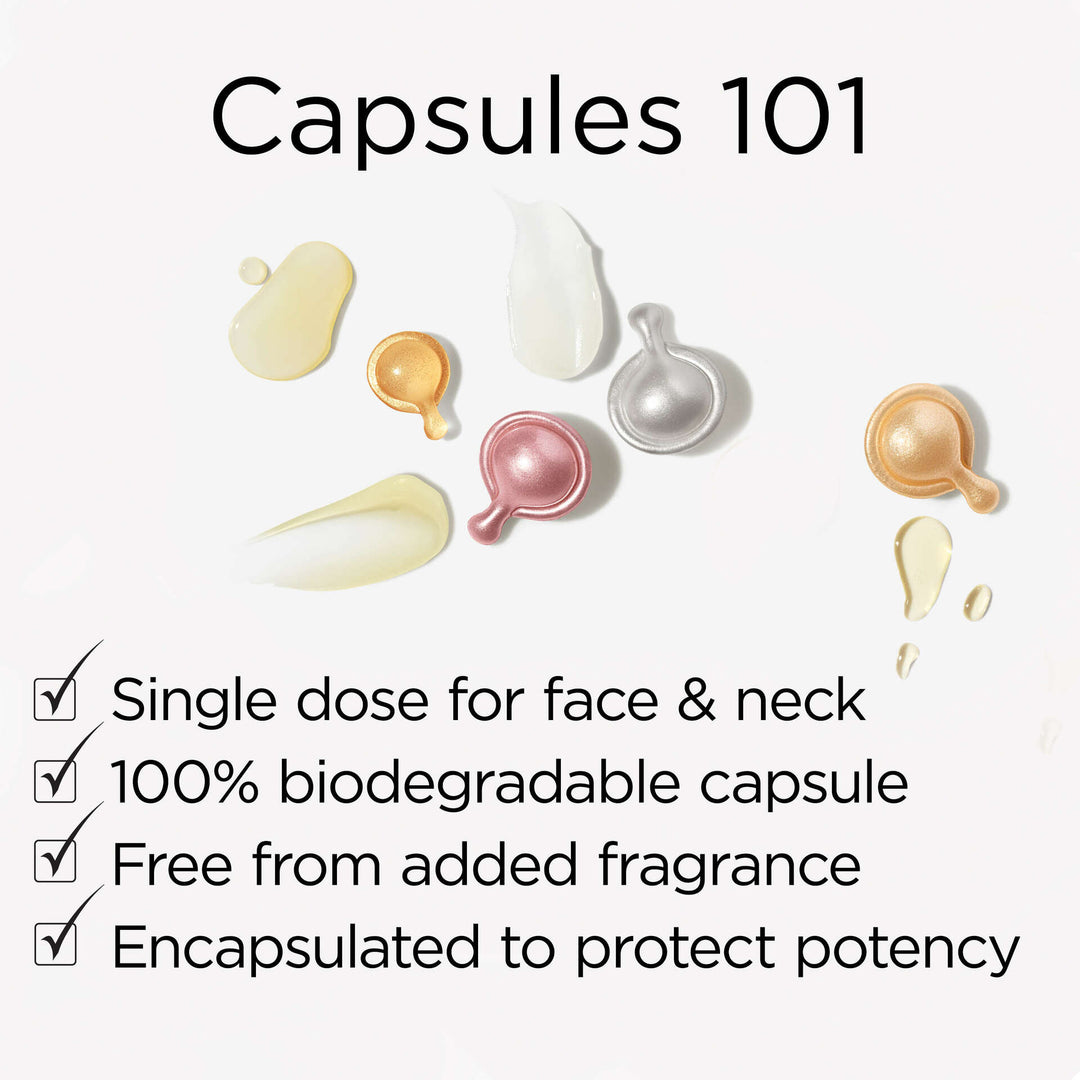 Capsules 101. Single dose for face and neck. 100% biodegradable capsule. Free from added fragrance. Encapsulated to protect potency.